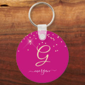 Gouden Glitter & Monogram Wit Script Naam, Fuchsia Sleutelhanger (Voorkant)