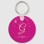 Gouden Glitter & Monogram Wit Script Naam, Fuchsia Sleutelhanger (Achterkant)