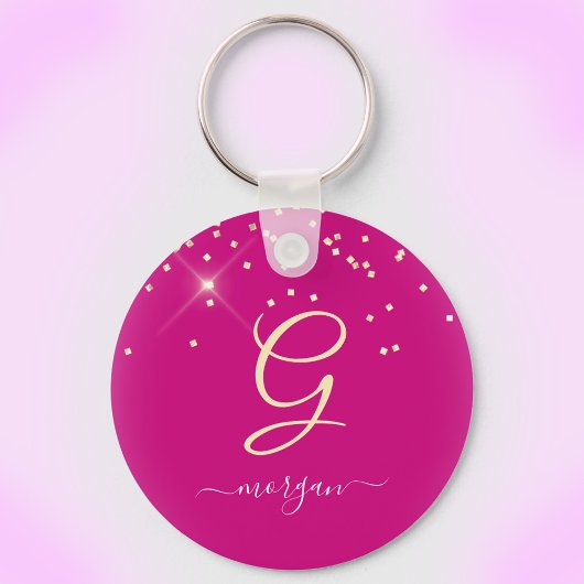 Gouden Glitter & Monogram Wit Script Naam, Fuchsia Sleutelhanger