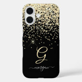 Gouden Glitter & Monogram Wit Script Naam op Zwart Case-Mate iPhone Case (Achterkant)