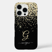 Gouden Glitter & Monogram Wit Script Naam op Zwart Case-Mate iPhone Case (Achterkant)