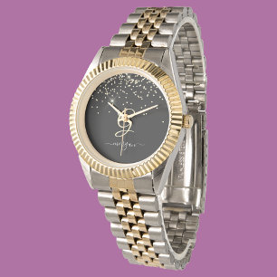 Gouden Glitter & Monogram Wit Script Naam op Zwart Horloge