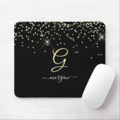 Gouden Glitter & Monogram Wit Script Naam op Zwart Muismat (Met muis)