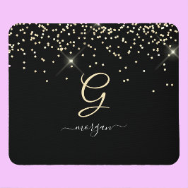 Gouden Glitter & Monogram Wit Script Naam op Zwart Muismat