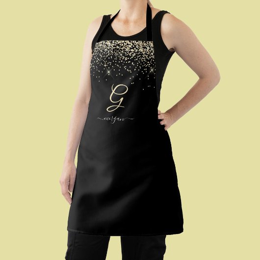 Gouden Glitter & Monogram Wit Script Naam op Zwart Schort