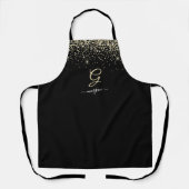Gouden Glitter & Monogram Wit Script Naam op Zwart Schort (Voorkant)