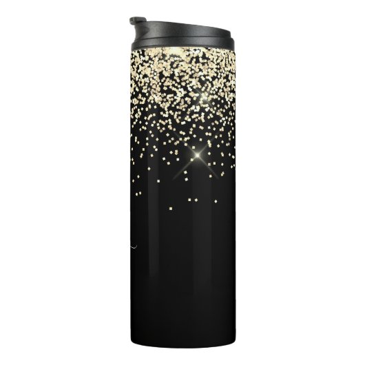 Gouden Glitter & Monogram Wit Script Naam op Zwart Thermosbeker (Geroteerd rechts)