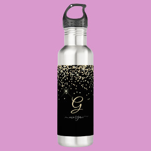 Gouden Glitter & Monogram Wit Script Naam op Zwart Waterfles