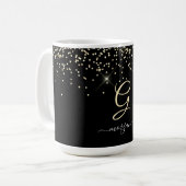 Gouden glitter & monogram witte script naam op zwa koffiemok (Voorkant links)