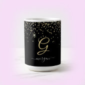 Gouden glitter & monogram witte script naam op zwa koffiemok