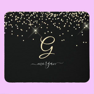 Gouden glitter & monogram witte script naam op zwa muismat
