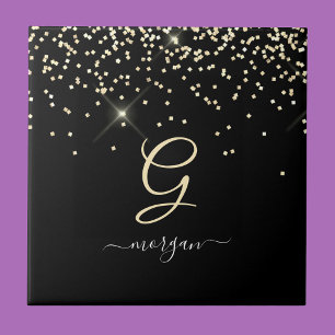 Gouden glitter & monogram witte script naam op zwa tegeltje