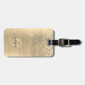 Gouden Glitter & Monogram, Zwarte Script Naam Bagagelabel (Voorkant horizontaal)