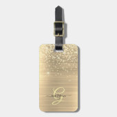 Gouden Glitter & Monogram, Zwarte Script Naam Bagagelabel (Voorkant verticaal)