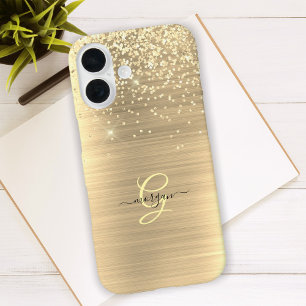 Gouden Glitter & Monogram, Zwarte Script Naam iPhone 16 Hoesje