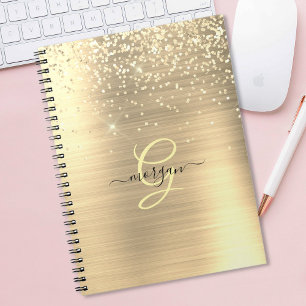 Gouden Glitter & Monogram, Zwarte Script Naam Notitieboek