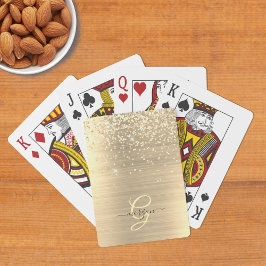 Gouden Glitter & Monogram, Zwarte Script Naam Pokerkaarten