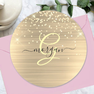 Gouden Glitter & Monogram, Zwarte Script Naam Ronde Sticker