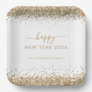 Gouden Glitter Naam Gelukkig Nieuwjaar 2026 Wit Papieren Bordje