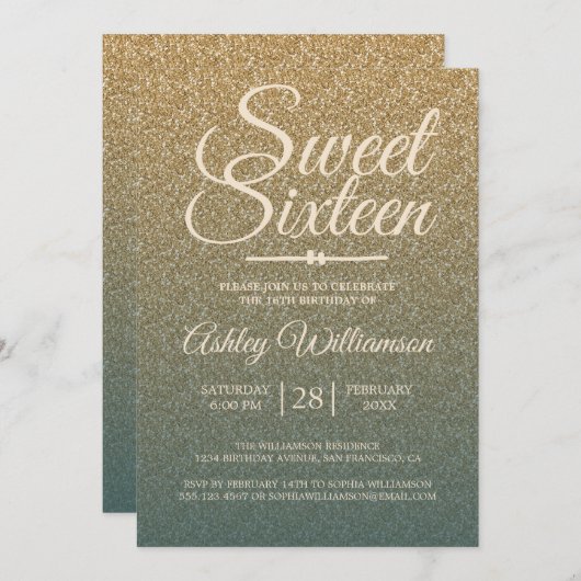 Gouden Glitter Ombre Smaragd Sweet 16 Verjaardag Kaart (Voorkant / Achterkant)