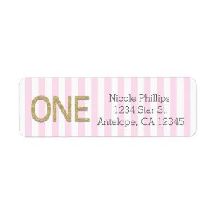 Gouden Glitter ONE 1e Pink Stripes Adresetiketten Etiket