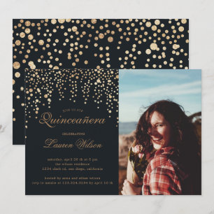 gouden glitter op zwarte Quinceanera foto uitnodig Kaart