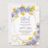Gouden glitter paarse gele bloemenfoto Sweet 16 Kaart (Voorkant)