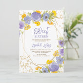 Gouden glitter paarse gele bloemenfoto Sweet 16 Kaart (Staand voorkant)
