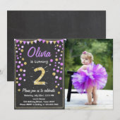 Gouden glitter Paarse Roze Verjaardag Uitnodiging (Voorkant / Achterkant)