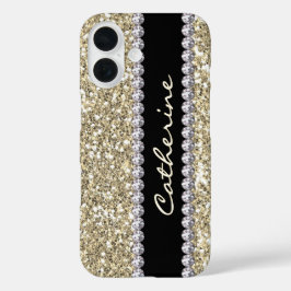 Gouden Glitter Pareltjes met naam en Mongram iPhone 16 Hoesje
