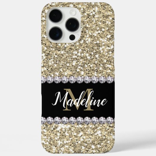 Gouden Glitter Pareltjes met naam en Mongram Case-Mate iPhone Case (Achterkant)