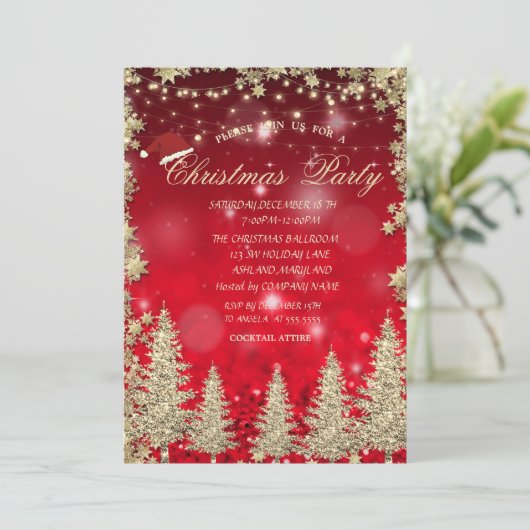 Gouden Glitter Pine Tree, Stars Red Bokeh Company Kaart (Staand voorkant)