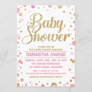 Gouden glitter polka dot Baby Girl Douche Uitnodig Kaart