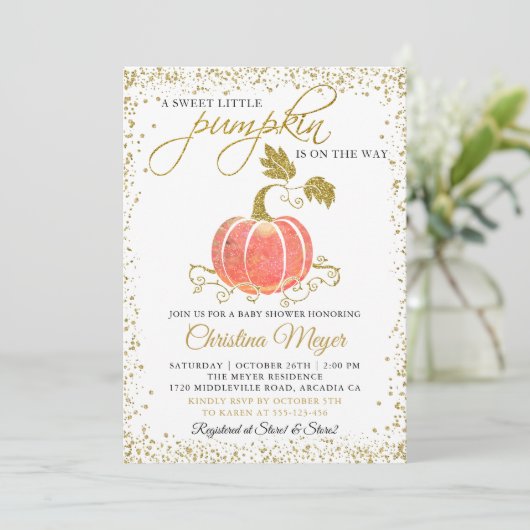 Gouden Glitter Pompoen Geslacht Neutrale Baby Show Kaart (Staand voorkant)