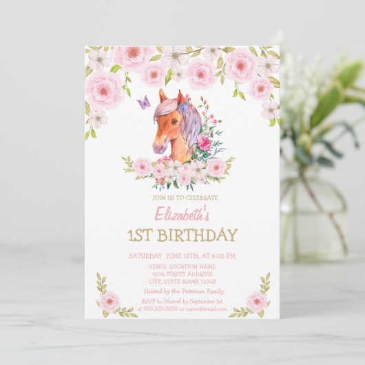 Gouden Glitter Pony Bloemen Verjaardag Kaart (Staand voorkant)