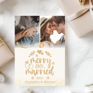 Gouden Glitter Prettig Getrouwd 2 Foto Feestdagenkaart