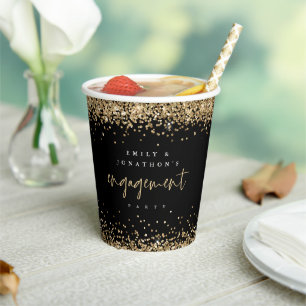 Gouden Glitter Rand Namen Verlovingsfeest Zwart Papieren Bekers