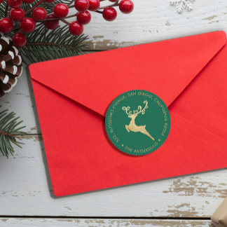 Gouden Glitter Rendier Groen Retouradres Kerst Ronde Sticker
