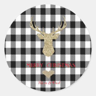 Gouden Glitter Rendier Hart Buffel Plaid Ronde Sticker