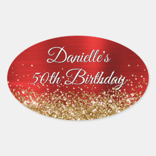 Gouden Glitter Rode Folie 50ste Verjaardag Ovale Sticker