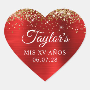 Gouden Glitter Rode Folie Mis XV Anos Verjaardag Hart Sticker