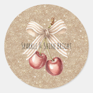 Gouden Glitter Rode Kersen Ronde Sticker