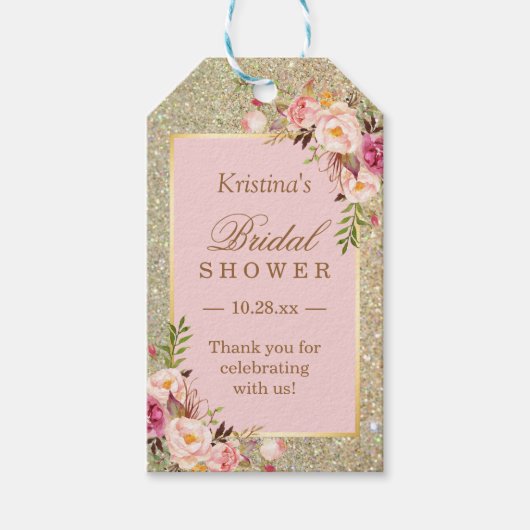 Gouden Glitter Roze Bloem Bruiloft Feest Bedankt Cadeaulabel (Voorkant)
