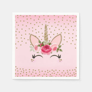 Gouden Glitter & Roze Bloem Eenhoorn Verjaardagsfe Servet