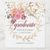 Gouden Glitter Roze Bloemen Afstuderen Wijn Etiket (Enkel label)