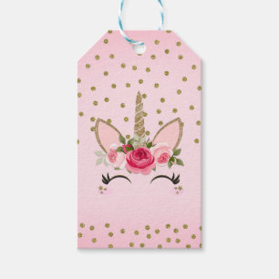 Gouden Glitter & Roze Bloemen Eenhoorn Verjaardags Cadeaulabel