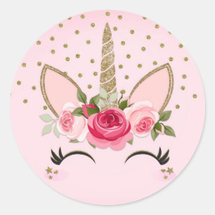 Gouden glitter & roze bloemensierlijke eenhoorn ve ronde sticker