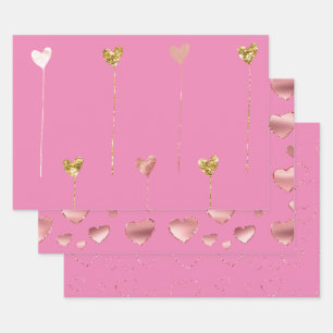 Gouden Glitter Roze Glam Harten Strings Inpakpapier Vel