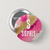 Gouden Glitter Roze Splatter Monogram Gepersonalis Ronde Button 5,7 Cm (Voorkant /achterkant)