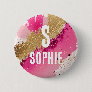 Gouden Glitter Roze Splatter Monogram Gepersonalis Ronde Button 5,7 Cm